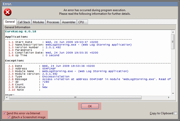 Second error reporting window